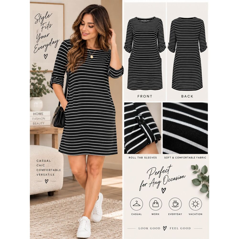Nomadic Traders Striped Knit Dress Pockets Black White Women L EUC